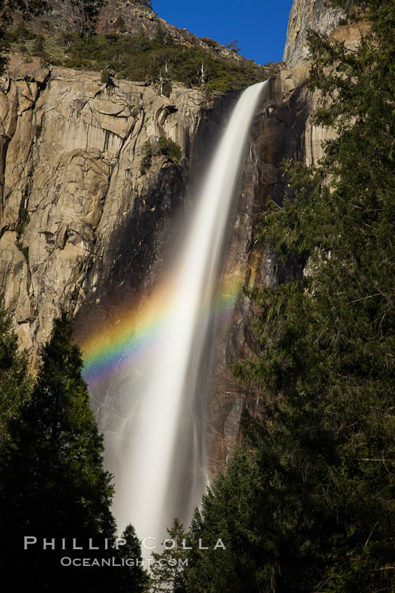 Bridalveil Falls with a rainbow forming in its spray, dropping 620' into Yosemite Valley, displaying peak water flow in spring months from deep snowpack and warm weather melt. Yosemite National Park, California, USA, natural history stock photograph, photo id 27748