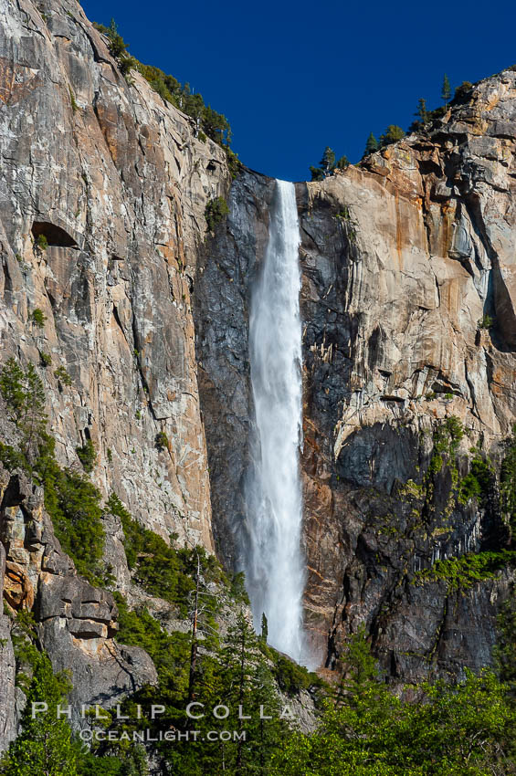 Bridalveil Falls in Yosemite drops 620 feet (188 m) from a hanging valley to the floor of Yosemite Valley. Yosemite National Park, California, USA, natural history stock photograph, photo id 09219