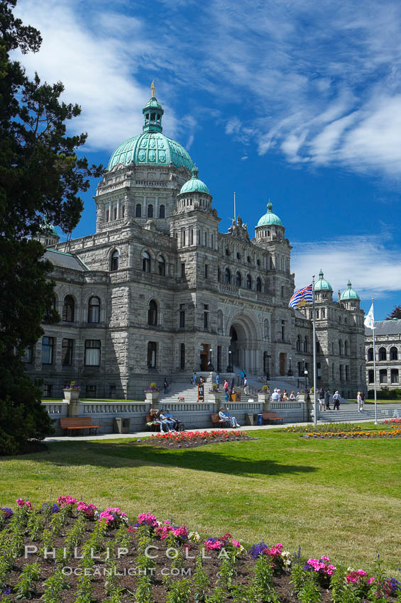 The British Columbia Parliament Buildings are located in Victoria, British Columbia, Canada and serve as the seat of the Legislative Assembly of British Columbia.  The main block of the Parliament Buildings combines Baroque details with Romanesque Revival rustication., natural history stock photograph, photo id 21046