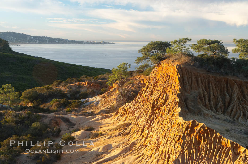 Broken Hill with La Jolla and the Pacific Ocean in the distance.  Broken Hill is an ancient, compacted sand dune that was uplifted to its present location and is now eroding. Torrey Pines State Reserve, San Diego, California, USA, natural history stock photograph, photo id 14760