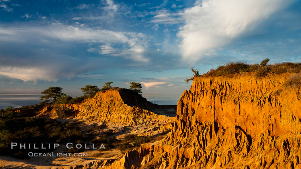 Broken Hill with the Pacific Ocean in the distance.  Broken Hill is an ancient, compacted sand dune that was uplifted to its present location and is now eroding. Torrey Pines State Reserve, San Diego, California, USA, natural history stock photograph, photo id 14755