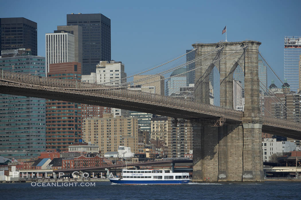 Brooklyn Bridge viewed from Brooklyn.  Lower Manhattan visible behind the Bridge. New York City, USA, natural history stock photograph, photo id 11064