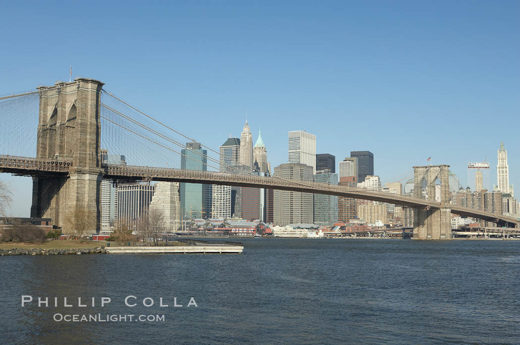 Brooklyn Bridge viewed from Brooklyn.  Lower Manhattan visible behind the Bridge. New York City, USA, natural history stock photograph, photo id 11063