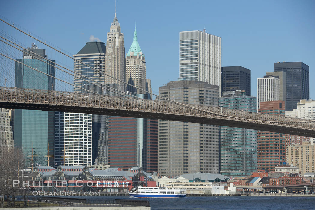 Brooklyn Bridge viewed from Brooklyn.  Lower Manhattan visible behind the Bridge. New York City, USA, natural history stock photograph, photo id 11065