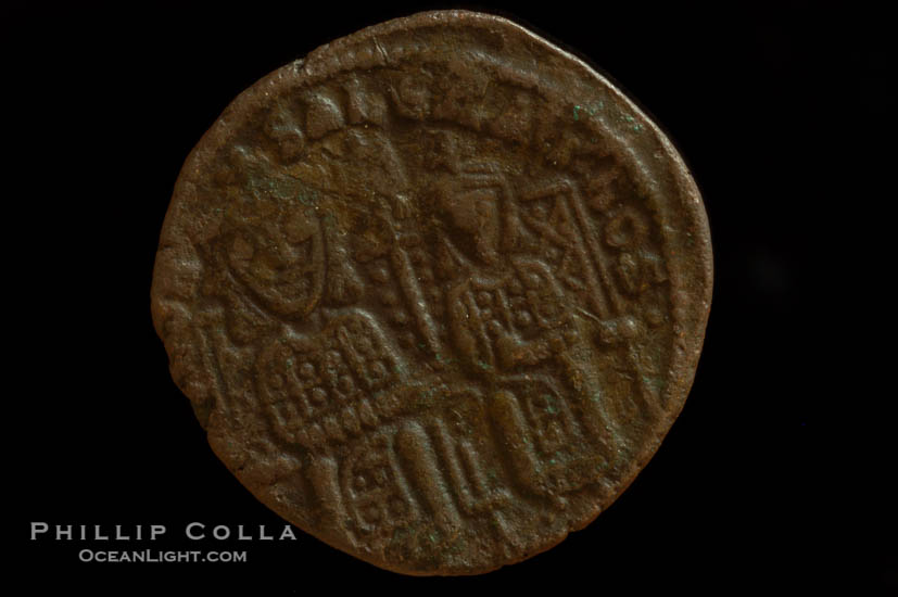 Byzantine emperor Leo IV (886-912 A.D.), depicted on ancient Byzantine coin (bronze, denom/type: Follis) (Follis 6.7g. Obverse: Leo left, Alexander right. Reverse: letters in four lines.)., natural history stock photograph, photo id 06752