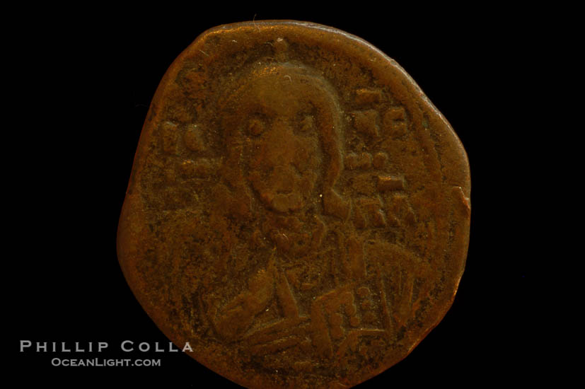 Byzantine emperor Romanus IV Diogenes (1068-1071 A.D.), depicted on ancient Byzantine coin (bronze, denom/type: Follis) (Follis 9.8 gm.)., natural history stock photograph, photo id 06756