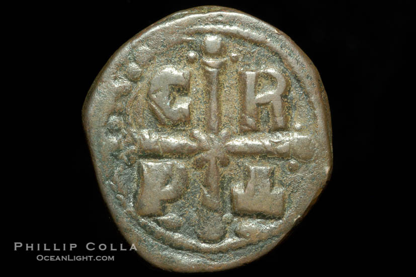 Byzantine emperor Romanus IV Diogenes (1068-1071 A.D.), depicted on ancient Byzantine coin (bronze, denom/type: Follis) (Follis 9.8 gm.)., natural history stock photograph, photo id 06759