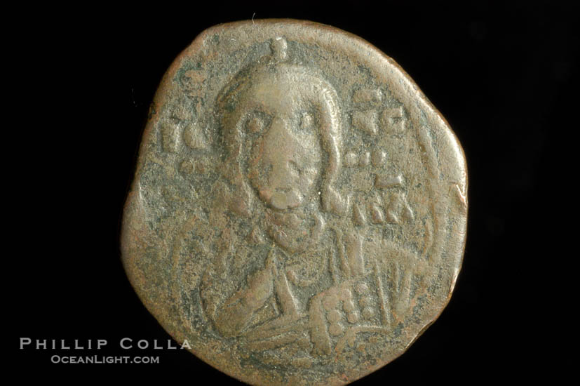 Byzantine emperor Romanus IV Diogenes (1068-1071 A.D.), depicted on ancient Byzantine coin (bronze, denom/type: Follis) (Follis 9.8 gm.)., natural history stock photograph, photo id 06757