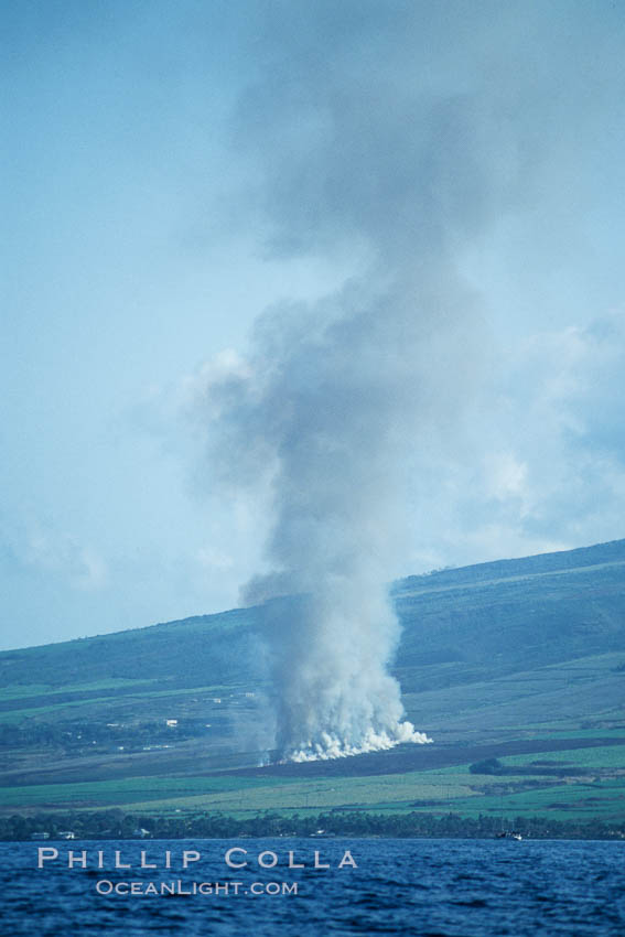 West Maui and smoke from burning cut sugar cane.  Cane fields are often burned to clear cane cuttings, which produces huge amounts of smoke and ash. Hawaii, USA, natural history stock photograph, photo id 04548