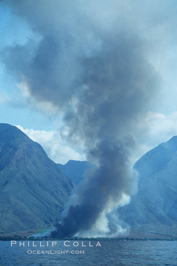 West Maui and smoke from burning cut sugar cane.  Cane fields are often burned to clear cane cuttings, which produces huge amounts of smoke and ash. Hawaii, USA, natural history stock photograph, photo id 04551