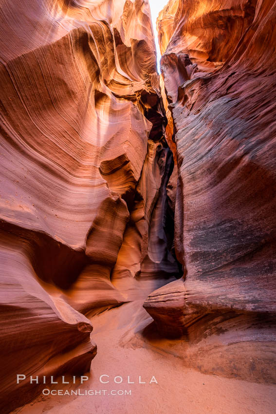 Canyon X, a spectacular slot canyon near Page, Arizona.  Slot canyons are formed when water and wind erode a cut through a (usually sandstone) mesa, producing a very narrow passage that may be as slim as a few feet and a hundred feet or more in height. USA, natural history stock photograph, photo id 36011