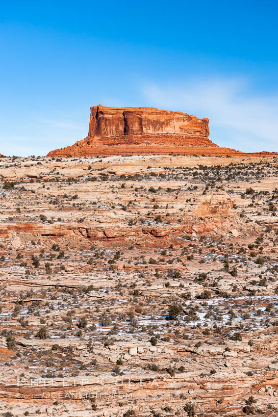 Monitor Butte (right), formed of Entrada sandstone with Carmel and Dewey Bridge formations comprising the basal slope and whiter Navajo sandstone below. Island in the Sky, Canyonlands National Park, Utah, USA, natural history stock photograph, photo id 18095