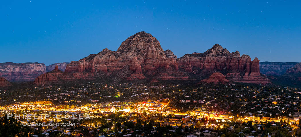 Capital Butte night panorama, the town of Sedona lighting up valley below, Arizona. USA, natural history stock photograph, photo id 38551