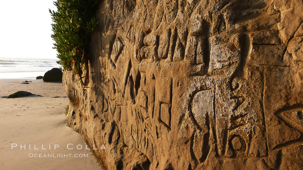 Graffiti is carved into soft sandstone cliffs at the beach. Carlsbad, California, USA, natural history stock photograph, photo id 19812
