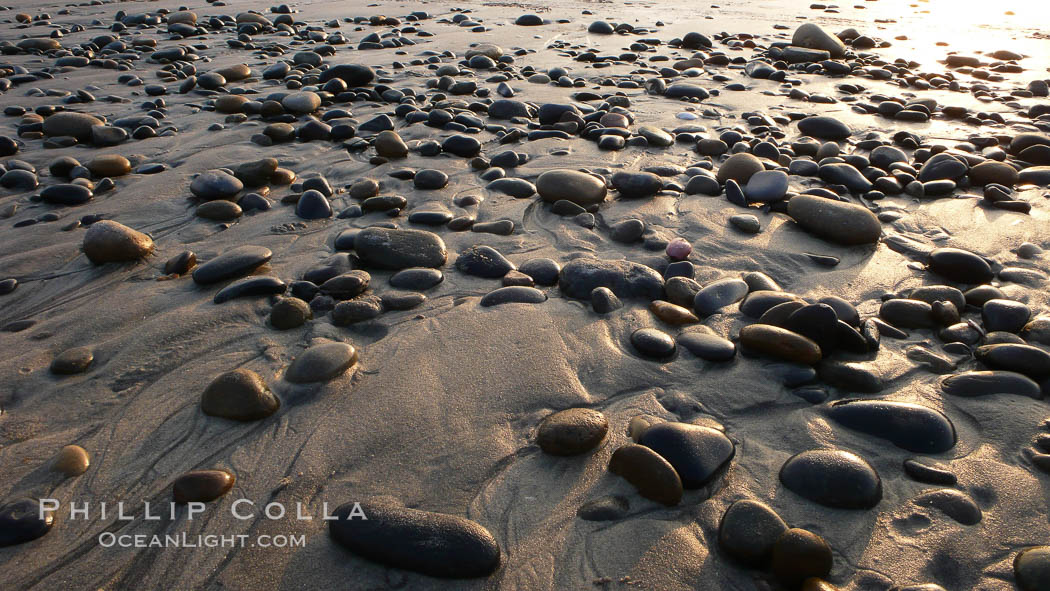 Cobblestones on a flat sand beach.  Cobble stones are polished round and smooth by years of wave energy.  They are alternately exposed and covered by sand depending on the tides, waves and seasons of the year.  Cobblestones are common on the beaches of southern California, contained in the sandstone bluffs along the beach and released onto the beach as the bluffs erode. Carlsbad, USA, natural history stock photograph, photo id 19828