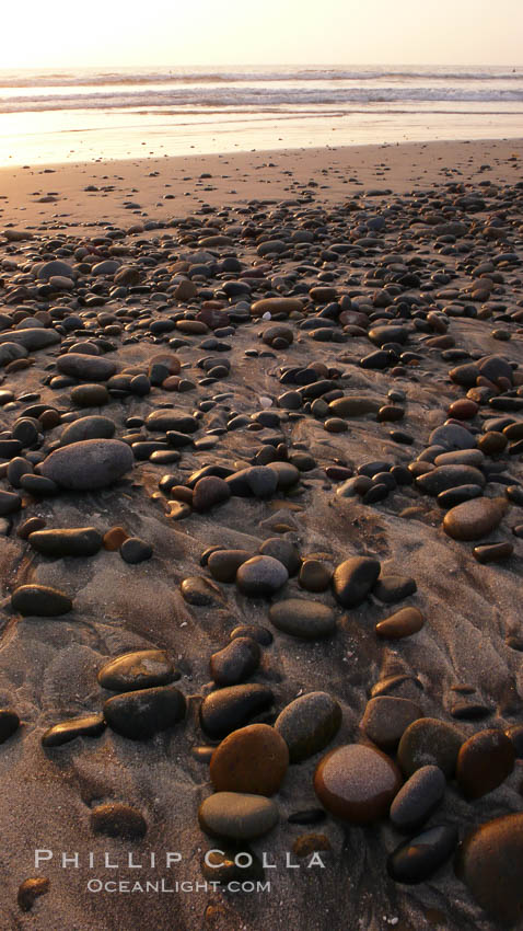 Cobblestones on a flat sand beach.  Cobble stones are polished round and smooth by years of wave energy.  They are alternately exposed and covered by sand depending on the tides, waves and seasons of the year.  Cobblestones are common on the beaches of southern California, contained in the sandstone bluffs along the beach and released onto the beach as the bluffs erode. Carlsbad, USA, natural history stock photograph, photo id 19807