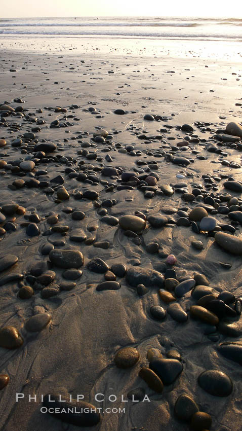 Cobblestones on a flat sand beach.  Cobble stones are polished round and smooth by years of wave energy.  They are alternately exposed and covered by sand depending on the tides, waves and seasons of the year.  Cobblestones are common on the beaches of southern California, contained in the sandstone bluffs along the beach and released onto the beach as the bluffs erode. Carlsbad, USA, natural history stock photograph, photo id 19831