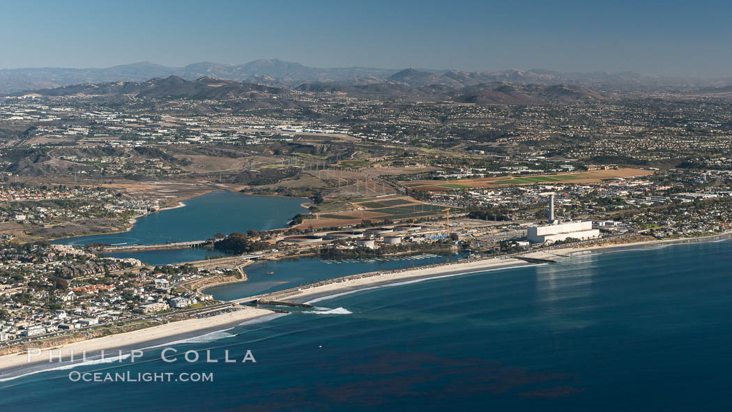 Aqua Hedionda Lagoon and Encina Power Station, Warm Water Jetties beach, Carlsbad, California, aerial photo. USA, natural history stock photograph, photo id 29070