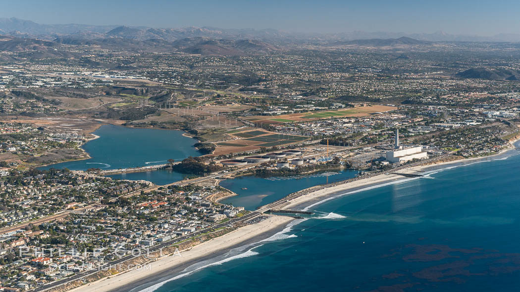 Aqua Hedionda Lagoon and Encina Power Station, Warm Water Jetties beach, Carlsbad, California, aerial photo. USA, natural history stock photograph, photo id 29072