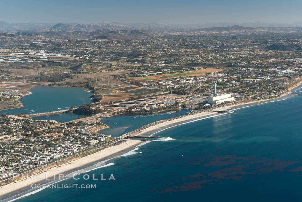 Aqua Hedionda Lagoon and Encina Power Station, Warm Water Jetties beach, Carlsbad, California, aerial photo. USA, natural history stock photograph, photo id 29071