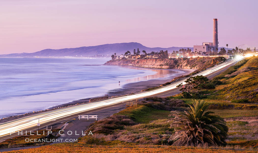 Carlsbad Coast Highway Sunset, North Ponto to Oceanside with Camp Pendleton in the distance. Rising in the distance is San Onofre Mountain (1722') topped by a tall signal tower, one of the southern peaks in the Santa Ana Mountains. California, USA, natural history stock photograph, photo id 35905