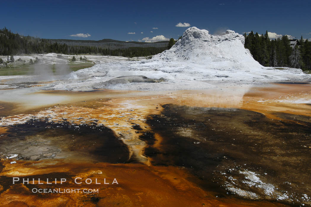 Sinter cone of Castle Geyser, estimated to be 5,000 - 15,000 years old.  Tortoise Shell Spring in foreground. Upper Geyser Basin. Yellowstone National Park, Wyoming, USA, natural history stock photograph, photo id 07212