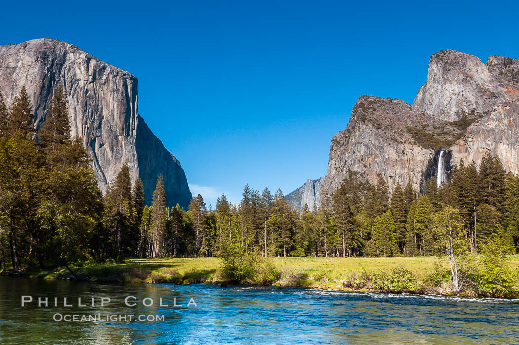Gates of Yosemite Valley and Merced River.  El Capitan (left), Bridalveil Falls and Cathedral Rocks (right).  Yosemite National Park, Spring. Gates of the Valley, California, natural history stock photograph, photo id 09181