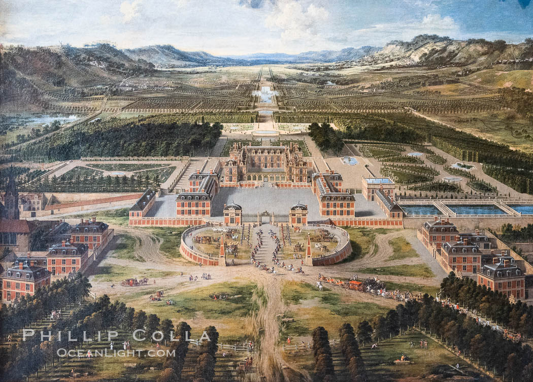 Perspective view of the Chateau, Gardens and Park of Versailles seen from the Avenue de Paris, 1668 (oil on canvas), Patel, Pierre (1605-76), Chateau de Versailles, Paris. France, natural history stock photograph, photo id 35675