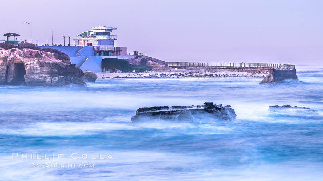 The Children's Pool, also known as Casa Cove, in pre-dawn light, La Jolla. Seal Rock in the foreground