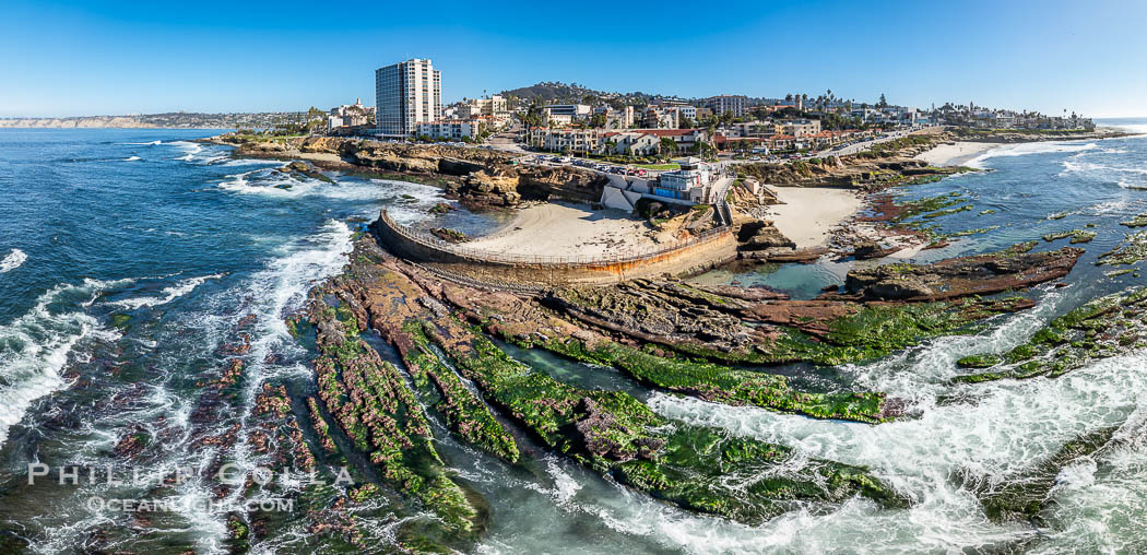 Children's Pool Reef Exposed at Extreme Low Tide, La Jolla, California. Aerial panoramic photograph., natural history stock photograph, photo id 40711