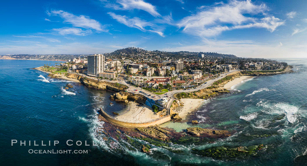 Childrens Pool Reef Exposed at Extreme Low Tide, La Jolla, California. Aerial panoramic photograph