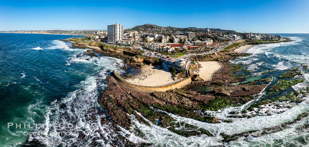 Childrens Pool Reef Exposed at Extreme Low Tide, Casa Cove, La Jolla, California. Aerial panoramic photograph. USA, natural history stock photograph, photo id 40234