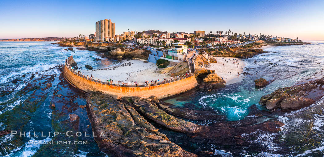 Childrens Pool Reef Exposed at Extreme Low Tide, La Jolla, California. Aerial panoramic photograph. USA, natural history stock photograph, photo id 38157