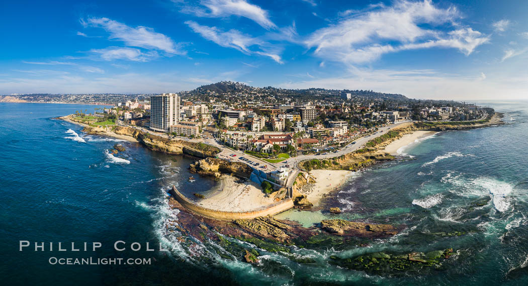 Childrens Pool Reef Exposed at Extreme Low Tide, La Jolla, California. Aerial panoramic photograph. USA, natural history stock photograph, photo id 38038