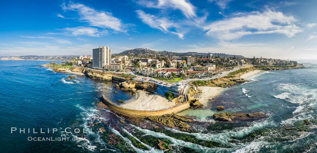 Childrens Pool Reef Exposed at Extreme Low Tide, La Jolla, California. Aerial panoramic photograph. USA, natural history stock photograph, photo id 38169