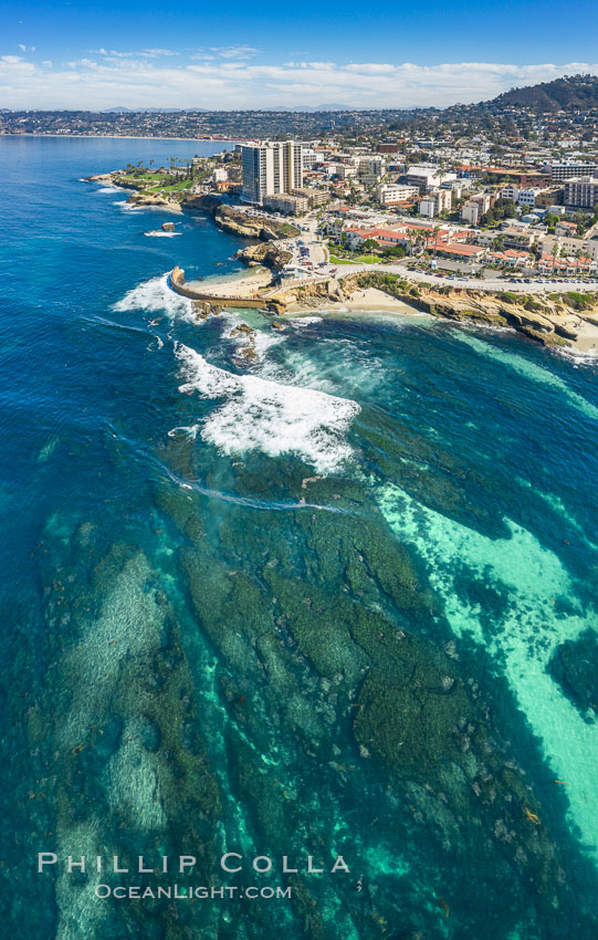 Childrens Pool Reef Exposed at Extreme Low King Tide, La Jolla, California. Aerial panoramic photograph. USA, natural history stock photograph, photo id 37986