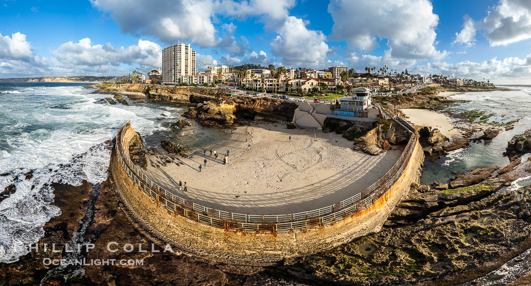Children's Pool Reef Exposed at Extreme Low King Tide, La Jolla, California. Aerial panoramic photograph., natural history stock photograph, photo id 40718