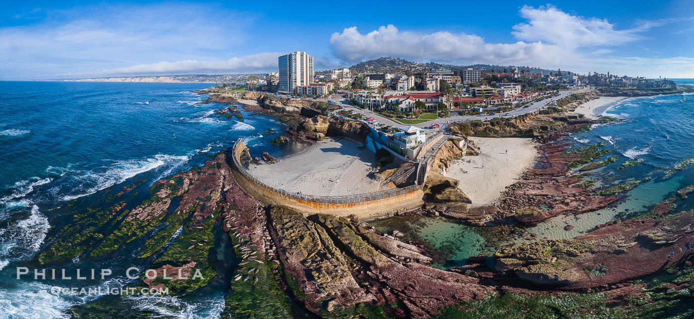 Childrens Pool Reef Exposed at Extreme Low King Tide, La Jolla, California. Aerial panoramic photograph., natural history stock photograph, photo id 37995
