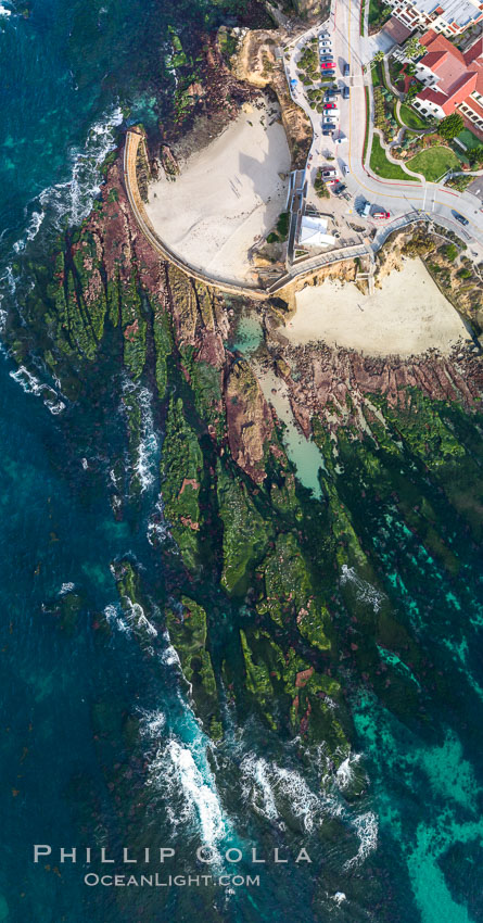 Childrens Pool Reef Exposed at Extreme Low King Tide, La Jolla, California. Aerial panoramic photograph. Children's Pool, USA, natural history stock photograph, photo id 37997