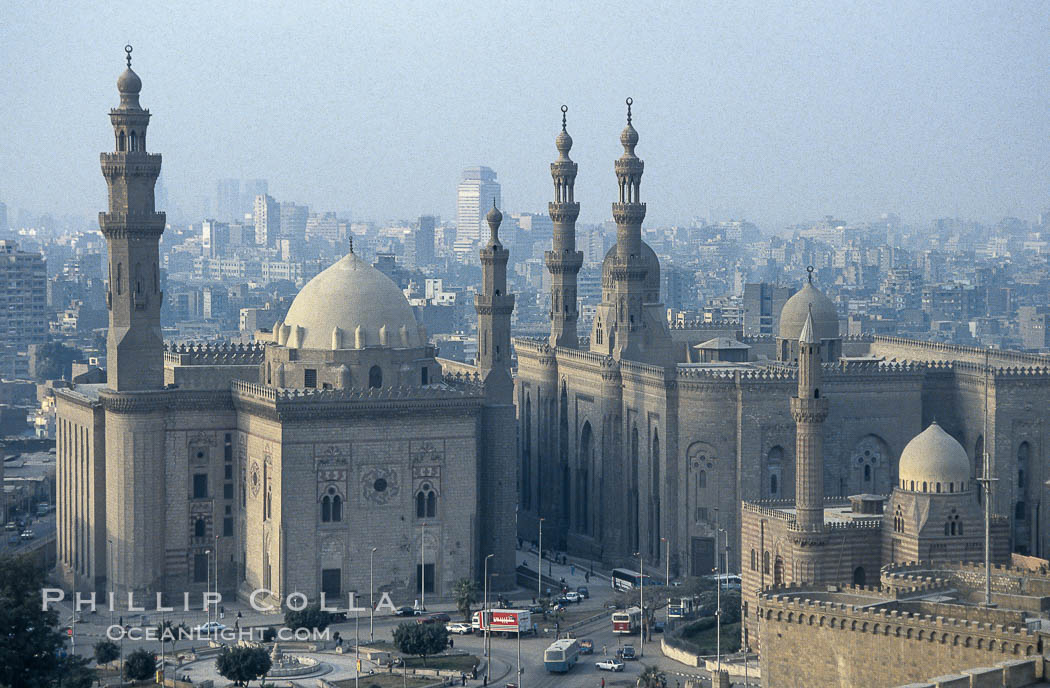 Sultan Hassan Mosque (l) and Mosque of ar-Rifai (r), viewed from the Citadel. Cairo, Egypt, natural history stock photograph, photo id 18495