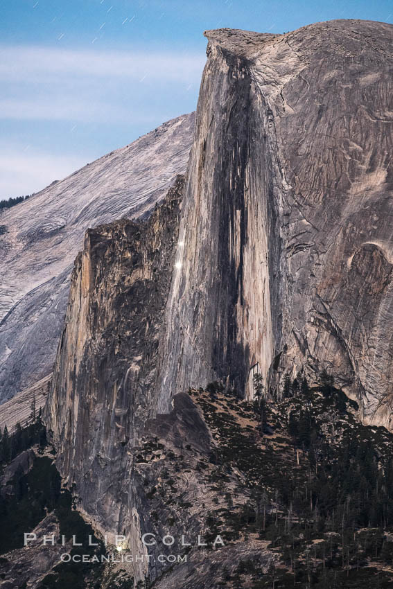 Climbers' lights visible at dusk on Half Dome, Yosemite National Park. California, USA, natural history stock photograph, photo id 36385