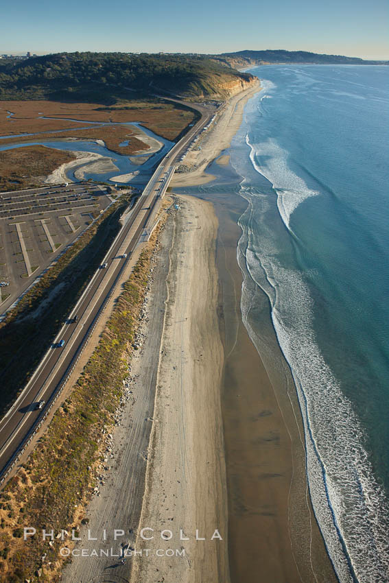 Coast Highway 101, looking south from Del Mar, with Los Penasquitos Marsh on the left and the cliffs of Torrey Pines State Reserve and La Jolla in the distance. San Diego, California, USA, natural history stock photograph, photo id 22434