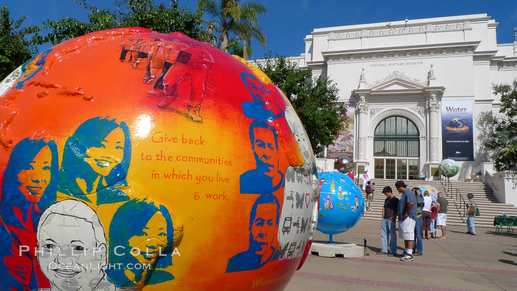 Cool Globes San Diego, an exhibit outside of the Natural History Museum at Balboa Park, San Diego.  Cool Globes is an educational exhibit that features 40 sculpted globes, each custom-designed by artists to showcase solutions to reduce global warming. California, USA, natural history stock photograph, photo id 21495