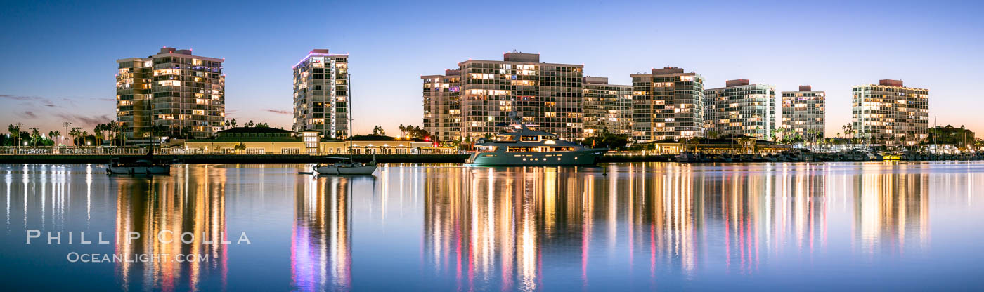 Coronado Shores condos reflected in Glorietta Bay, San Diego Bay, evening., natural history stock photograph, photo id 36620