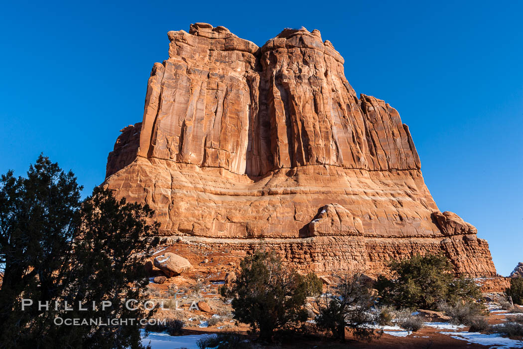 Courthouse Towers, narrow sandstone fins towering above the surrounding flatlands. Arches National Park, Utah, USA, natural history stock photograph, photo id 18200