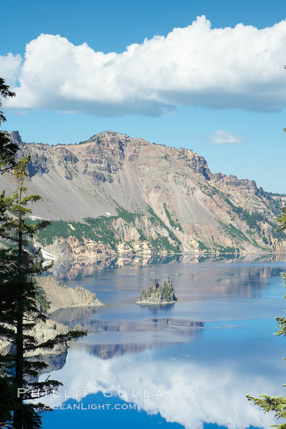 Crater Lake and Phantom Ship. Crater Lake is the six-mile wide lake inside the collapsed caldera of volcanic Mount Mazama. Crater Lake National Park, Oregon, USA, natural history stock photograph, photo id 13935