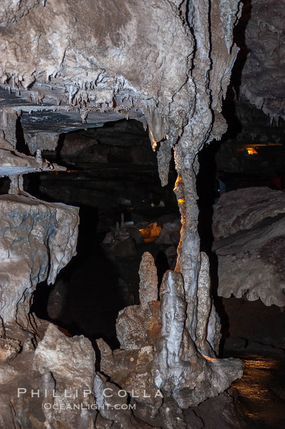 Calcite stalactites hanging from above have joined with stalagmites growing on the cave floor to form a solid column. Crystal Cave, Sequoia Kings Canyon National Park, California, USA, natural history stock photograph, photo id 09922