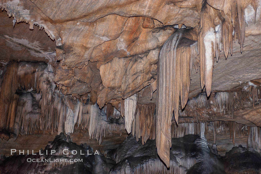 Many stalactites hang from the ceiling of the Marbled Room. Crystal Cave, Sequoia Kings Canyon National Park, California, USA, natural history stock photograph, photo id 09920