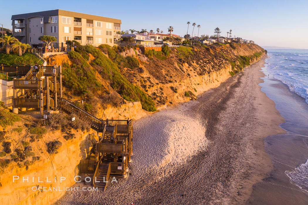 D Street Beach and stairs in Encinitas at Sunset, viewed to the south, aerial photo. California, USA, natural history stock photograph, photo id 38101