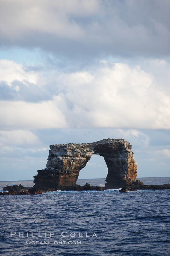 Darwins Arch, a dramatic 50-foot tall natural lava arch, rises above the ocean a short distance offshore of Darwin Island. Galapagos Islands, Ecuador, natural history stock photograph, photo id 16655